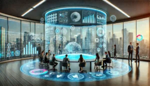 Futuristic office: team at holographic table, digital displays, ROI optimization