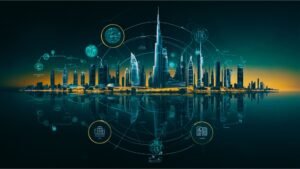 A futuristic cityscape and abstract data flows illustrating the digital roadmap of UAE entrepreneurs.