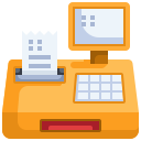 Illustration of an orange pos cash register with a digital display, a keypad, and a receipt coming out. The screen is blank, featuring integration-ready capabilities, and there is a red button below the cash drawer designed to enhance your transaction management.